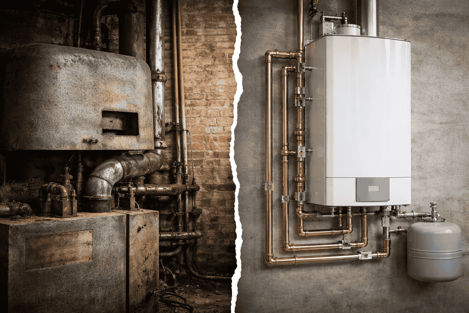 Repair vs replace boiler comparison showing old inefficient heating system next to modern high efficiency boiler in Massachusetts home