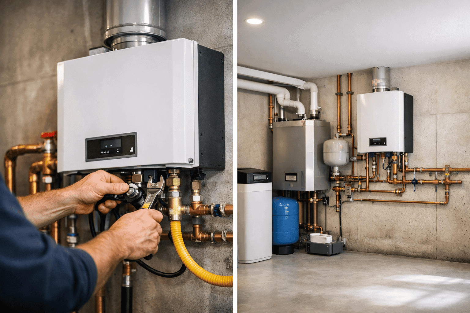 Plumber installing a tankless water heater in a North Shore Massachusetts home with copper piping and gas line connection